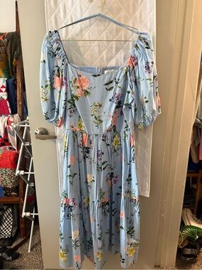 Eliza J Light Blue Floral Puff-Sleeve Midi Dress